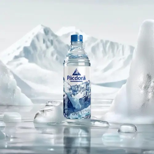 一瓶水置于雪山前